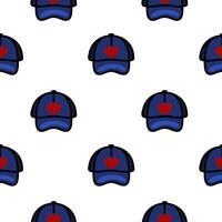 A repeating pattern of blue baseball caps with red heart symbols on the front, set against a white background. The design is playful and suitable for textiles or wallpapers. vector