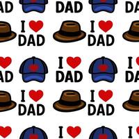 A repeating pattern featuring blue caps and brown hats with the text I LOVE DAD in a playful design. The background is white, creating a cheerful and festive atmosphere. vector
