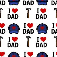 A repeating pattern featuring blue baseball caps, hammers, and the phrase I love Dad in red and black. Ideal for Fathers Day designs or gifts. vector