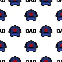 A repeating pattern featuring blue baseball caps with a red heart design and the word DAD in bold black letters. Ideal for Fathers Day or family-themed designs. vector