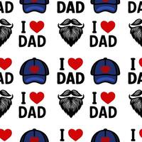 A seamless pattern featuring blue caps, bearded faces, and the phrase I love Dad in a playful design. Ideal for Fathers Day or dad-themed merchandise. vector