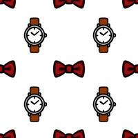 A seamless pattern featuring illustrated watches and bow ties on a white background. The watches have brown leather straps and simple dials, while the bow ties are in a vibrant red color. vector