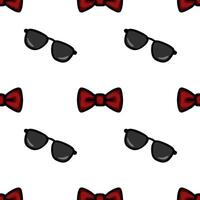 A repeating pattern featuring black sunglasses and red bow ties on a white background. The design is playful and fun, suitable for various festive or casual themes. vector