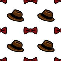 A playful pattern featuring alternating illustrations of hats and bow ties on a white background. The hats are brown with a black band, while the bow ties are red. Ideal for fabric design vector