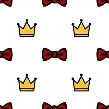 A repeating pattern featuring yellow crowns and red bow ties on a white background. The design is playful and whimsical, suitable for childrens themes or festive occasions. vector