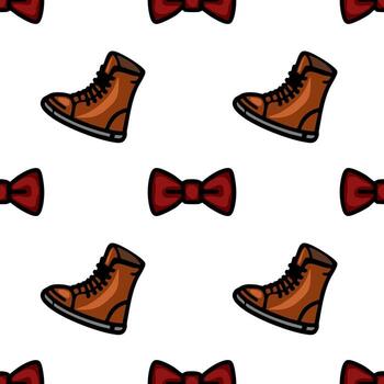 A repeating pattern featuring brown boots and red bow ties on a white background. The design is playful and whimsical, suitable for fabric or wallpaper. vector