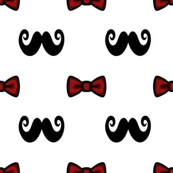 A playful pattern featuring alternating black mustaches and red bow ties on a white background, creating a whimsical and fun design. vector