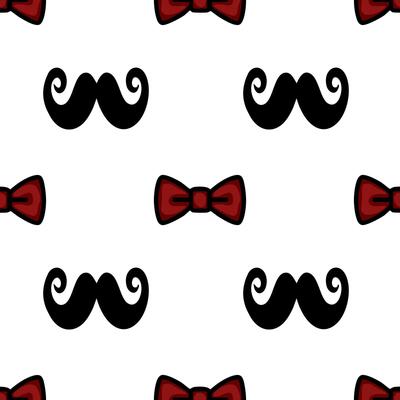 A playful pattern featuring alternating black mustaches and red bow ties on a white background, creating a whimsical and fun design.