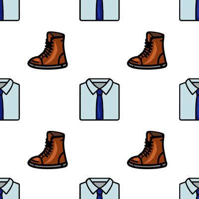A repeating pattern featuring a blue dress shirt with a tie and brown boots. The design is simple and modern, suitable for fashion-related themes.