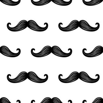 A seamless pattern featuring stylized black mustaches on a white background. The mustaches are elegantly curved and have a glossy appearance, creating a playful and whimsical design. vector