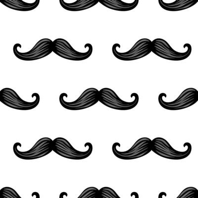 A seamless pattern featuring stylized black mustaches on a white background. The mustaches are elegantly curved and have a glossy appearance, creating a playful and whimsical design.