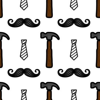 A playful pattern featuring cartoon-style illustrations of mustaches, hammers, and ties on a white background. The design is whimsical and suitable for various creative projects. vector