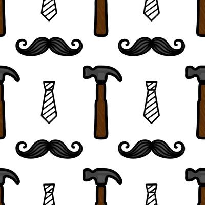 A playful pattern featuring cartoon-style illustrations of mustaches, hammers, and ties on a white background. The design is whimsical and suitable for various creative projects.