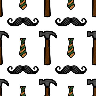A playful pattern featuring ties, hammers, and mustaches on a white background. The design is colorful and whimsical, suitable for various creative projects.
