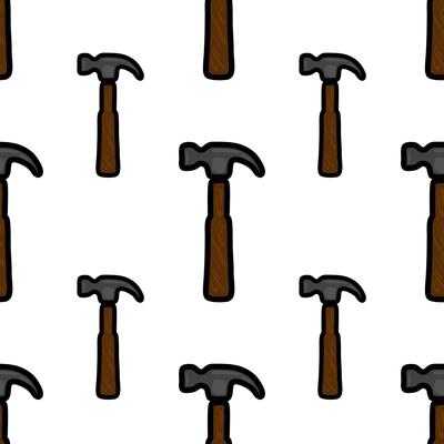 A seamless pattern featuring cartoon-style hammers with brown wooden handles and gray metal heads on a white background.