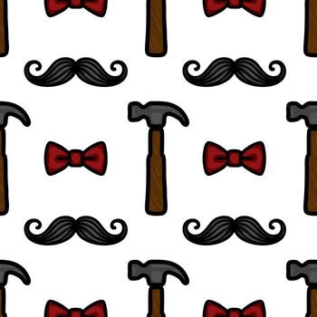 A playful pattern featuring cartoon-style mustaches, hammers, and red bow ties on a white background. Ideal for fabric design or quirky decor. vector