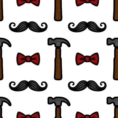 A playful pattern featuring cartoon-style mustaches, hammers, and red bow ties on a white background. Ideal for fabric design or quirky decor.