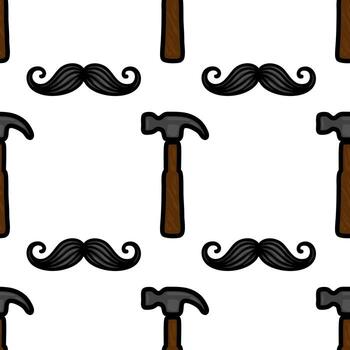 un sin costura modelo presentando estilo de dibujos animados martillos y bigotes en un blanco antecedentes. el martillos son marrón con un de madera manejar, y el bigotes son negro con un Rizado diseño. vector