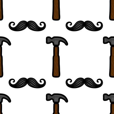 A seamless pattern featuring cartoon-style hammers and mustaches on a white background. The hammers are brown with a wooden handle, and the mustaches are black with a curly design.