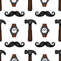 A playful pattern featuring watches, hammers, and mustaches, ideal for a quirky design or fabric print. vector