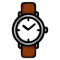 A simple, cartoon-style illustration of a wristwatch with a brown leather strap and a white face. The watch features black hour and minute hands, with a minimalist design. vector