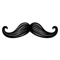 A stylized black mustache with curved ends, featuring a glossy finish and detailed texture. vector