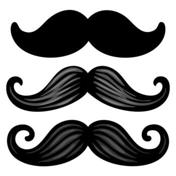 Three distinct mustache designs in varying styles, including a classic curved mustache, a thick stylized mustache, and a wavy mustache. Suitable for graphic design or themed events. vector