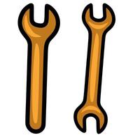 A illustration featuring two cartoon-style wrenches, one upright and one angled, rendered in warm golden brown with bold black outlines, suggesting a playful yet functional design aesthetic. vector