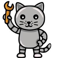 Adorable illustration of a cute robotic cat holding a wrench, showcasing a playful blend of animal and machine aesthetics, ideal for childrens products or tech-themed designs. vector