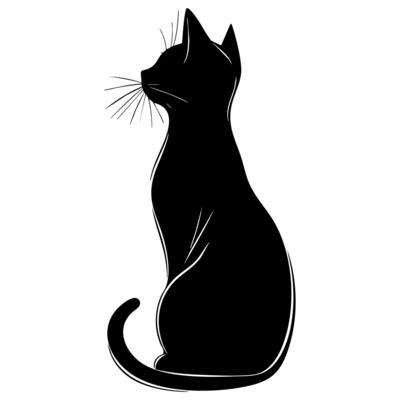 Elegant silhouette of a black cat sitting in profile, showcasing detailed whiskers and a sleek, stylized body.