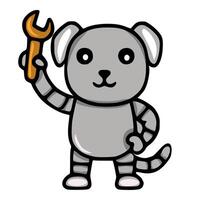Adorable illustration of a cute robotic dog holding a wrench, showcasing a unique blend of playful and mechanical aesthetics. vector