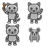 Adorable illustration of four cute robotic animals two grey cats, one holding a wrench, another waving, and a small robot mouse, all with friendly expressions and metallic bodies. vector