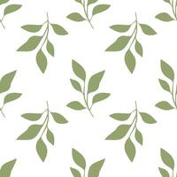 A seamless pattern featuring stylized green leaves on a white background, creating a fresh and natural aesthetic. vector