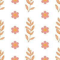 A seamless floral pattern featuring pink flowers with yellow centers and orange leaves on a white background. Ideal for fabric design, wallpapers, or stationery. vector