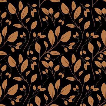 A seamless pattern featuring stylized leaves and branches in warm brown tones on a black background, creating a modern and elegant design. vector