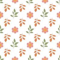 A seamless pattern featuring stylized flowers and leaves in soft colors. The design includes pink flowers, orange leaves, and green foliage on a white background, creating a fresh vector