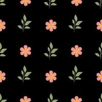 A seamless pattern featuring pink flowers and green leaves on a black background. The design is vibrant and suitable for fabric, wallpaper, or stationery. vector