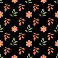 A seamless floral pattern featuring pink flowers and orange leaves on a black background. The design is vibrant and modern, suitable for textiles or wallpapers. vector