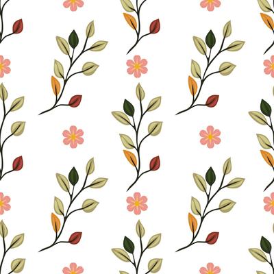 A seamless pattern featuring stylized leaves and flowers in soft colors on a white background. The design includes green leaves, orange and red accents, and pink flowers.