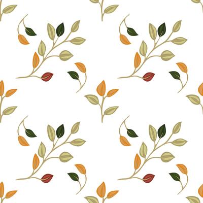 A seamless pattern featuring delicate branches with leaves and buds in warm autumn colors like orange, green, and red on a white background.
