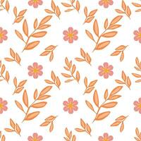 A seamless pattern featuring orange leaves and pink flowers on a white background. The design is cheerful and vibrant, suitable for textiles or wallpapers. vector