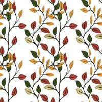 A seamless pattern featuring stylized leaves in various colors including red, yellow, green, and brown on a white background. The design has a natural and organic feel, suitable for textiles vector