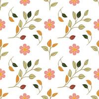 A seamless floral pattern featuring colorful leaves and flowers on a white background. The design includes pink flowers, orange and red buds, and green leaves, creating a vibrant vector
