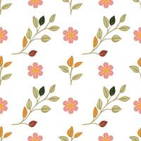 A seamless floral pattern featuring delicate branches with leaves and colorful flowers in shades of pink, orange, and green on a white background. vector