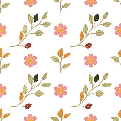 A seamless floral pattern featuring delicate branches with leaves and colorful flowers in shades of pink, orange, and green on a white background.