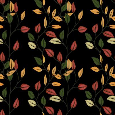 A seamless pattern featuring stylized leaves in various colors including red, yellow, green, and cream, set against a black background. The design is elegant and suitable for textiles.