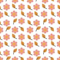 A seamless pattern featuring pink flowers and orange leaves on a white background. The flowers have yellow centers and are arranged in a balanced, repeating design. vector
