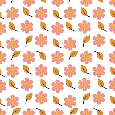 A seamless pattern featuring pink flowers and orange leaves on a white background. The flowers have yellow centers and are arranged in a balanced, repeating design.
