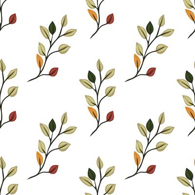 A seamless pattern featuring delicate branches with leaves in various shades of green, orange, and red against a white background.