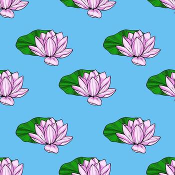 A vibrant seamless pattern featuring stylized pink water lilies with bold outlines atop a light blue background, creating a serene and elegant design ideal for various applications. vector